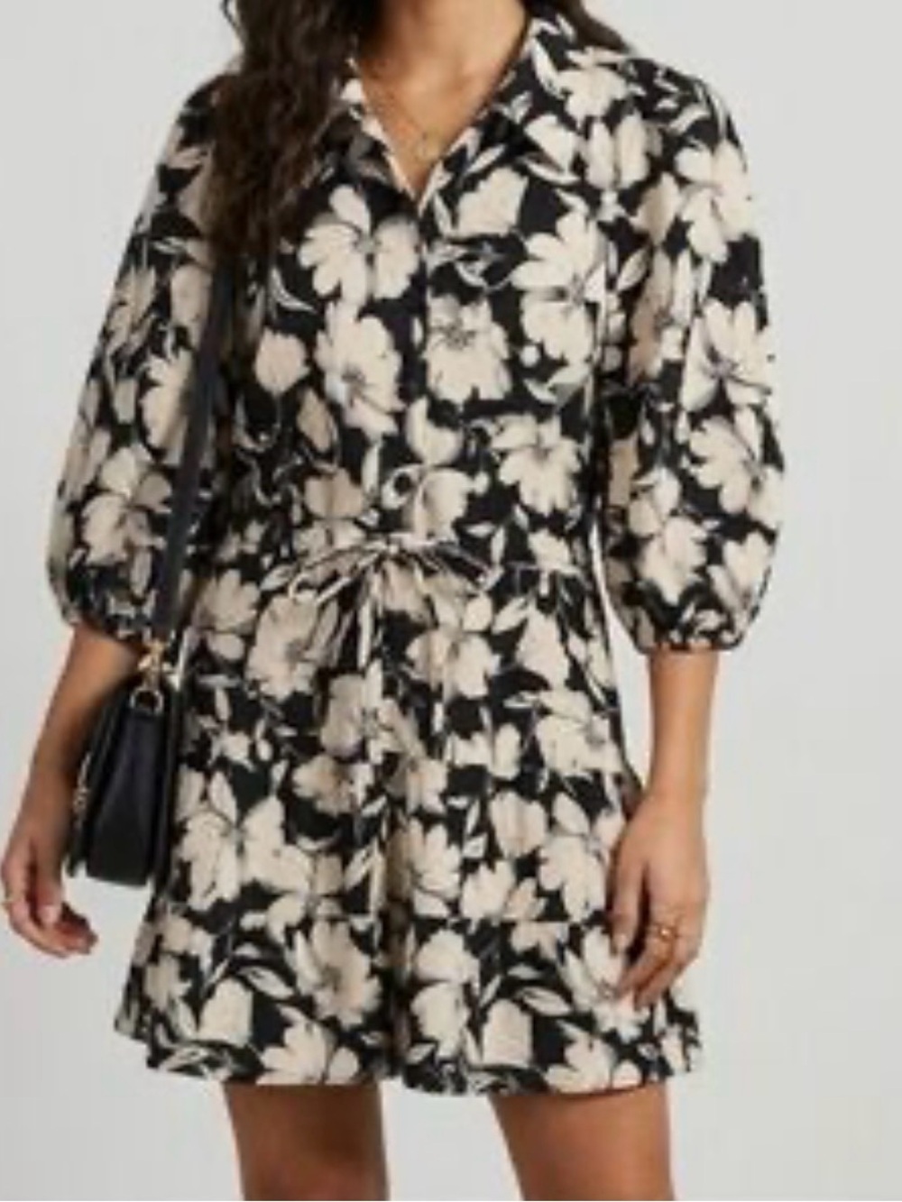 Zara Terez Black and Cream Floral Tie-Waist Mini Dress